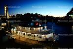 waterfront, paddle wheel steamboat on the Sacramento River, Old Town, Dock, Twilight, Dusk, Dawn