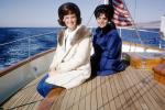 Two Women on a Boat, Smiles, Teak, Coats, Formal, Newport, Rhode Island, bouffant, 1964, 1960s