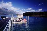 Dock, mountains, Blanket Bay, Fjiordland National Park, fjord