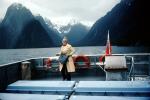 Milford Sound, fjord, Woman, Mountains, Coast, Coastline