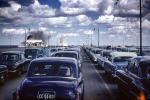 Cars lined up to board the Ferryboat, Automobile, Vehicles, 1953, 1950s