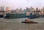 Tugboat, Dock, Harbor, Furness Lines Pier, Canada Dry Billboard, skyline, cityscape, 1950s 