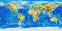 World Map, topographical of land masses and the oceans