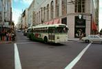 807 Trackless Trolleybus, downtown San Francisco, Grodins, buildings, shops, Liberty House, Hallmark Cards store, VBSV04P13_15