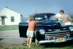 Ford Sedan, cabriolet, convertible, chrome grill, headlamps, girl, man, 1950s, VCQV01P01_16