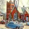 Surreal Dodge Car, church, 1940s