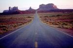 Road, Highway, vanishing point, Monument Valley, geologic feature, butte, mesa