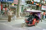 Three-wheeler, tri-wheeler, driver, man, male, person, city street, China