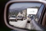 Sierra-Mountains, rear view mirror, traffic Level-F, cars, automobiles, vehicles, VCRV17P05_04