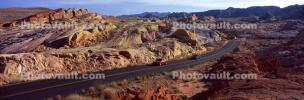 Valley of Fire, east of Las Vegas Nevada, Road, Roadway, Highway, Panorama, Cars, automobiles, vehicles