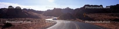 Valley of Fire, east of Las Vegas, Nevada, Road, Roadway, Highway, Panorama, S-Curve, S-Turn