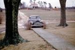 car, automobile, sedan, Dirt Road, walkway, unpaved, 1950s