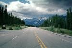 Road, Highway, clouds, trees, forest, mountains, Jaspar, Canada