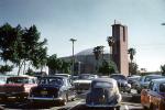 Church, dome, tower cross, Volkswagen, Parked Cars, Parking Lot, February 1962, 1960s, VCRV20P14_09