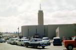 Ford, Chevy, sedan, Church, building, tower, 1950s