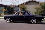 Chevy Corvair, car, automobile, funny boy, child, house, home, suburbia, 1960, 1960s