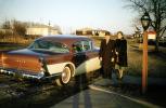 1957 Buick Super, car, Woman, Man, fur coat, mailbox, dirt road, 1950s