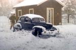 1941 two-door coupe, Snow, Ice, Cold, man shoveling snow, cottage, Big Bear California, 1940s, VCRV22P01_02B