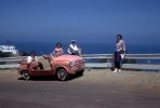 Pink Fiat Jolly, tourist rental car, Women, Avalon, Pacific Ocean, Santa Catalina Island, 1963, 1960s, VCRV22P15_08