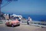 Pink Fiat Jolly, tourist rental car, Women, Avalon, Pacific Ocean, Santa Catalina Island, 1963, 1960s, VCRV23P04_11