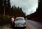 Ford Car, Man, Road, Highway, forest, 1950s