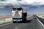 Freightliner, Interstate Highway I-40 looking west, flatbed trailer, cabover semi trailer truck, flat front, VCTV02P08_19