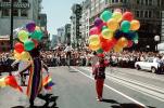 Rainbow Balloons, crowds, unicycle, downtown-SF, clowns, Powell Street at Union Square, CC celebration June 21 1984, 1980s
