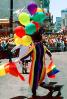 Rainbow Balloons, crowds, downtown-SF, clowns, Powell Street at Union Square, Cable Car celebration June 21 1984, 1980s