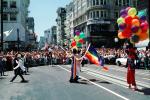 Rainbow Balloons, crowds, downtown-SF, clowns, Powell Street at Union Square, Cable Car celebration June 21 1984, 1980s, VRCV01P03_18