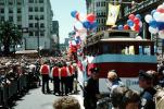Balloons, crowds, downtown-SF, clowns, Powell Street at Union Square, Cable Car celebration June 21 1984, 1980s
