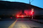 Railroad Crossing Gate, lights, early morning, hopper railcar, VRFD01_154