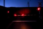 Railroad Crossing Gate, lights, early morning, hopper railcar