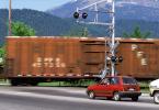 Railroad Crossing, Mount Shasta, California, Southern Pacific, Boxcar, PFE, Pacific Fruit Express, Caution, warning, 