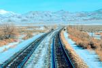 Railroad Tracks in the Snow, Brush, Shrub, Ice, Cold, Cool, Frozen, Icy, Winter, hills, mountains, VRFV03P02_08.3290