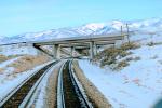 Interstate Highway I-80 Overpass, Railroad Tracks in the Snow, Brush, Shrub, Ice, Cold, Frozen, Icy, Winter, hills, mountains, 31 December 1992