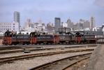 Southern Pacific Railroad Switchers, skyline, buildings, track, Fourth Street Station, June 11 1977