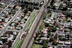 BART tracks from the air, suburban landscape, homes, houses, buildings, streets, texture, VRHV01P02_18.0586