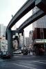 Monorail, downtown Seattle, cars, buildings, street, elevated, September 1986