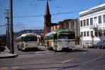 PCC 1155 San Francisco Muni Trolley, Trackless Trolley, street, buildings, June 1975, 1970s, VRLV04P04_16