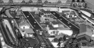 Model Train Layout, streets, houses, buildings, retro, 1950s, VRMV01P09_10B