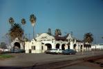 Western Pacific Railroad Train Station, Depot, Building, palm trees, cars, Stockton California, October 1969, 1960s, VRPV08P05_19