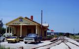 ATSF Railroad Train Station, Depot, Building, Pickup Truck, cars, tracks, Bonner Springs, January 1982, 1980s