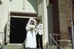 Bride and Groom, leaving Church, smiles, 1960s, WEDV01P03_15