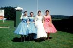 Bride, bridesmaids, dresses, hats, Derryfield Country Club, Manchester, New Hampshire, September 1959, 1950s, WEDV26P04_01